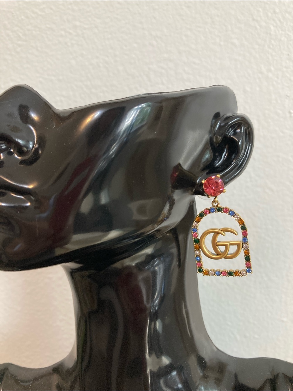Gucci Gold Multicolor Crystal GG Drop Earrings with Pink Stone